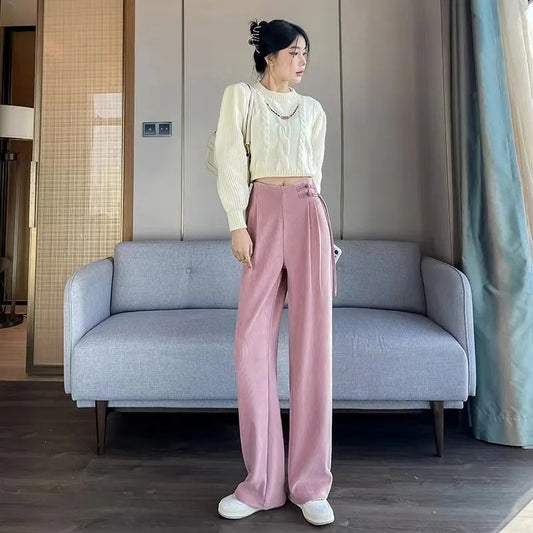 Maillard2025Autumn Winter New Chinese Style Buttoned Fleece Chenille Wide-Leg Pants for Women High Waist Draped Straight-Leg Casual Pants