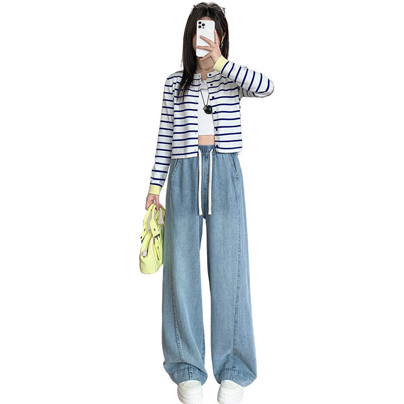 Tencel Jeans for Women Summer Thin Elastic Waist High Waist Draped Large Size Loose Straight Side Seam Front-Moved Wide-Leg Pants