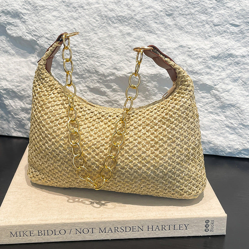 South Korea ins Vintage Woven Tote Bag Straw Bag Large Capacity Underarm Bag Shoulder Bag Vacation Style Beach Bag for Women