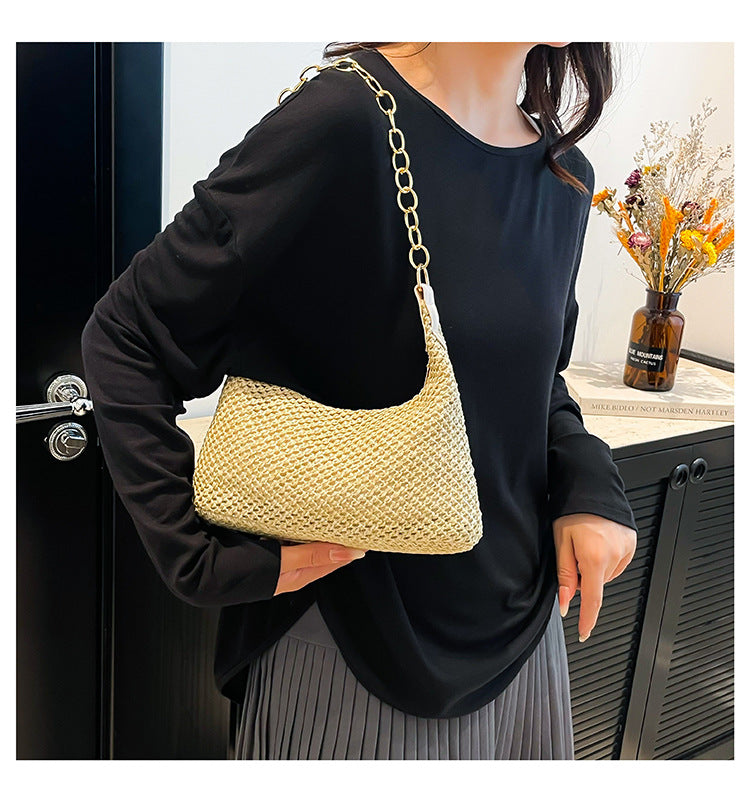 South Korea ins Vintage Woven Tote Bag Straw Bag Large Capacity Underarm Bag Shoulder Bag Vacation Style Beach Bag for Women