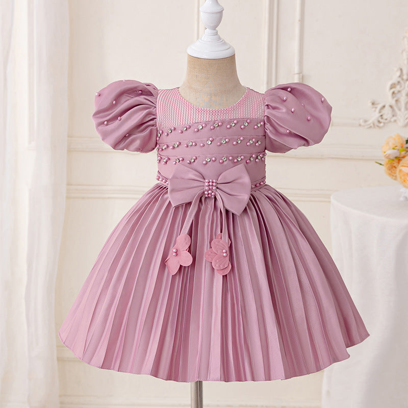 Birthday Party Evening Dress Puff Sleeve Girl Princess Dress Baby Pearl