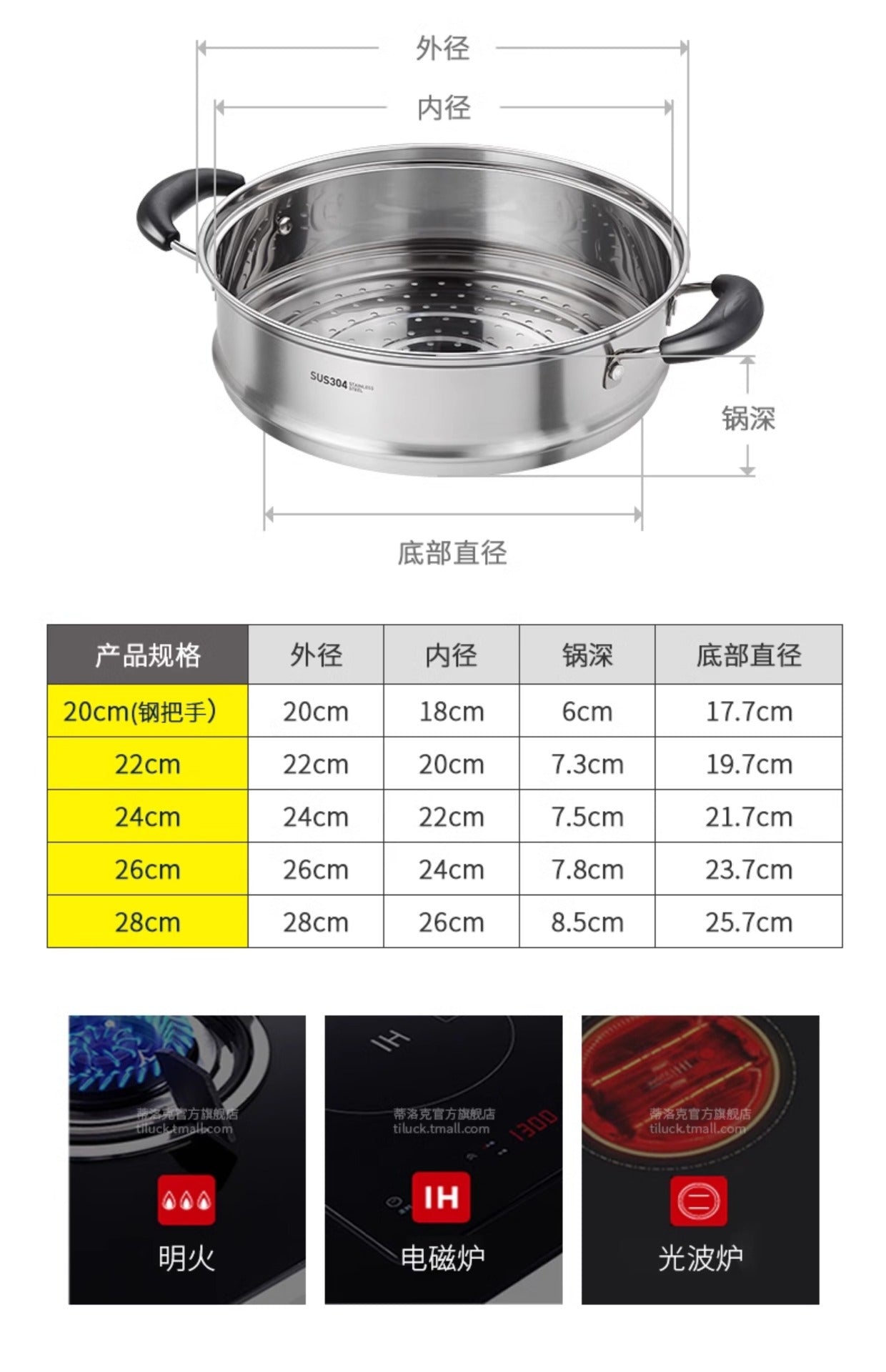 304Stainless Steel Soup Pot for Home Use, Non-Coated Instant Noodle Pot, Double Ear Small Pot, Steamer, Special for Gas and Induction Cookers