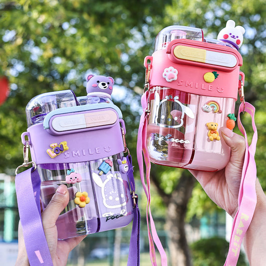 2025Cartoon Children's Special Straw Cup Large Capacity Water Cup High Temperature Resistant Double Cup Diagonal Water Bottle Anti-fall Cup