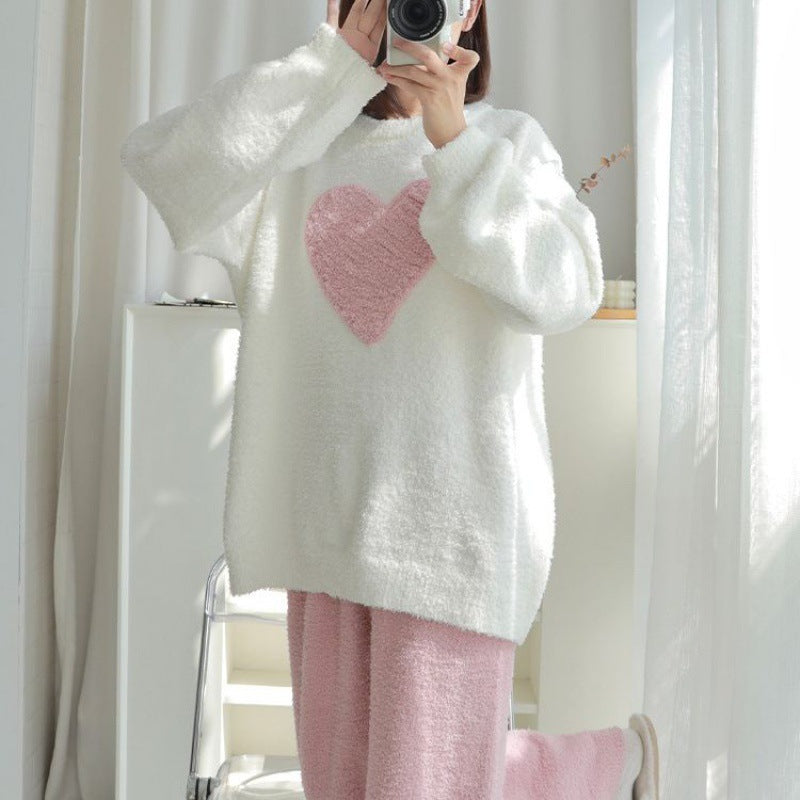 Winter New Heart Half-Fleece Pajamas for Women Loose Fit Fleece-Lined Warm Sweet Cute Style Homewear Two-Piece Set
