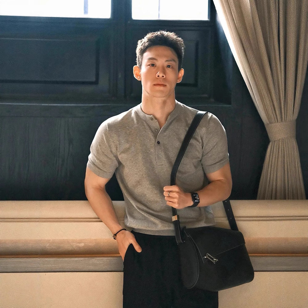 Summer Men's Waffle Henley Collar Short Sleeve T Men's American Style Solid Color Versatile Slim Fit Comfortable Casual Short Sleeve Shirt T T-shirt