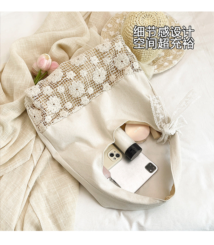 Design Summer Vacation Style Large Capacity Beach Bag Niche Lace Canvas Underarm Bag Women's Floral Single Shoulder Tote Bag