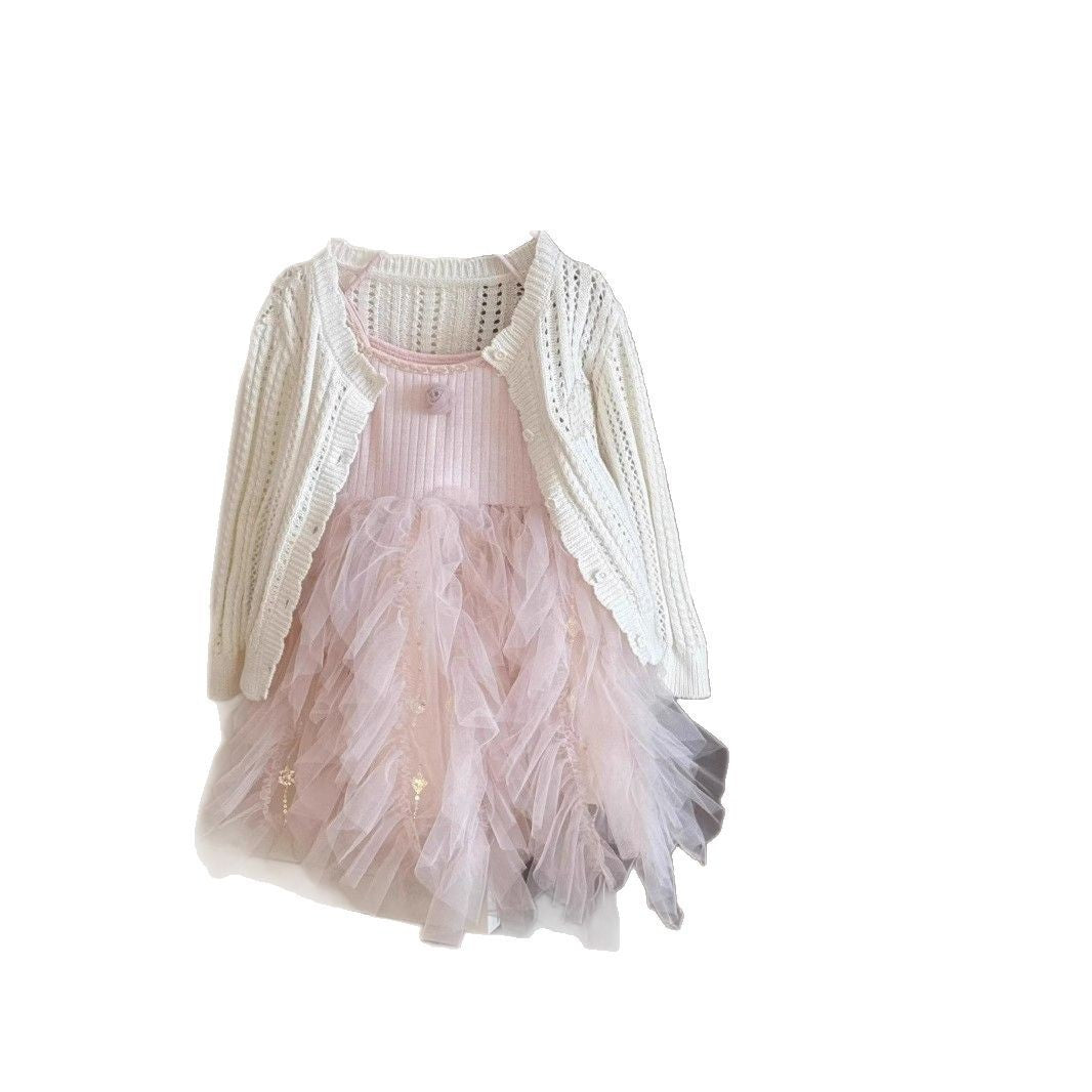 Girls Korean Style Cotton Strap Floral Mesh Princess Dress
