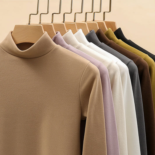 Half Turtleneck Double-Sided Thermal Base Shirt for Women, Spring and Autumn Style, Stylish Inner Wear, Solid Color, Fleece-Lined, Thickened, Warm Long-Sleeve Top