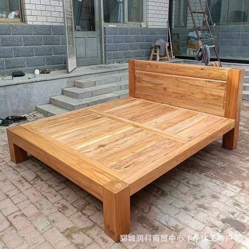 Old Elm Solid Wood Bed Modern Simple Bed Homestay Internet Celebrity Rental Dormitory Falcon Rivet Tatami Hard Board Bed