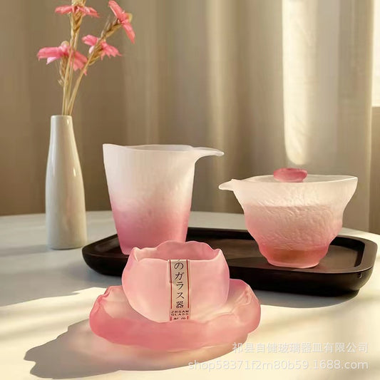 2024National Trend Pink Women's Frosted Glass Tea Set with Gaiwan, Gongdao Cup, Tea Cup, and Tasting Cup Complete Set
