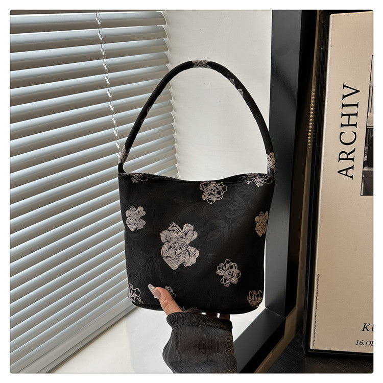 Lady's New Chinese Style Starlight Dream Tote Bag Black Shoulder Bag Embroidered Flower Vintage Handbag