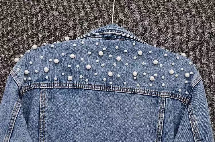 Amazon Cross-Border Southeast Asia Heavy Fashion Beaded Short Denim Jacket for Women Pearl Plus Size Jacket ns Top