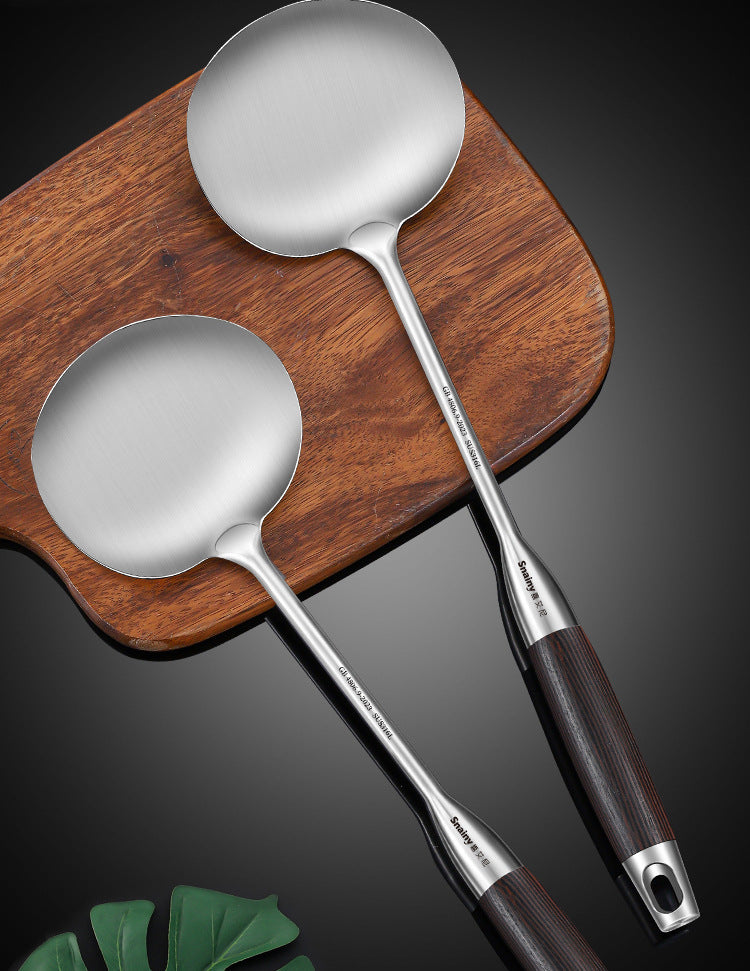 Mushroom Spatula316Stainless Steel Spatula Food Grade Household Cooking Spatula Wooden Handle Thickened Iron Spatula Stirring Spoon