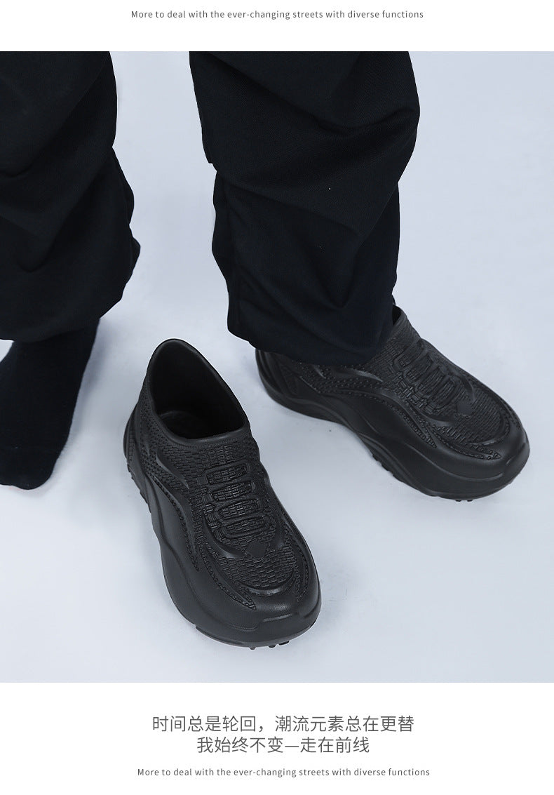 Kitchen Non-Slip Shoes for Men, Summer Breathable Thick Sole Pure Black Chef Waterproof Work Shoes, Outdoor Sports Fishing Rubber Shoes