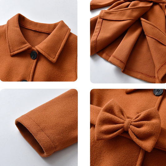 Cross-Border E-commerce Children's Coat Autumn Girls' Bow Thickened Korean Style Mid-Length Woolen Coat Manufacturer Wholesale