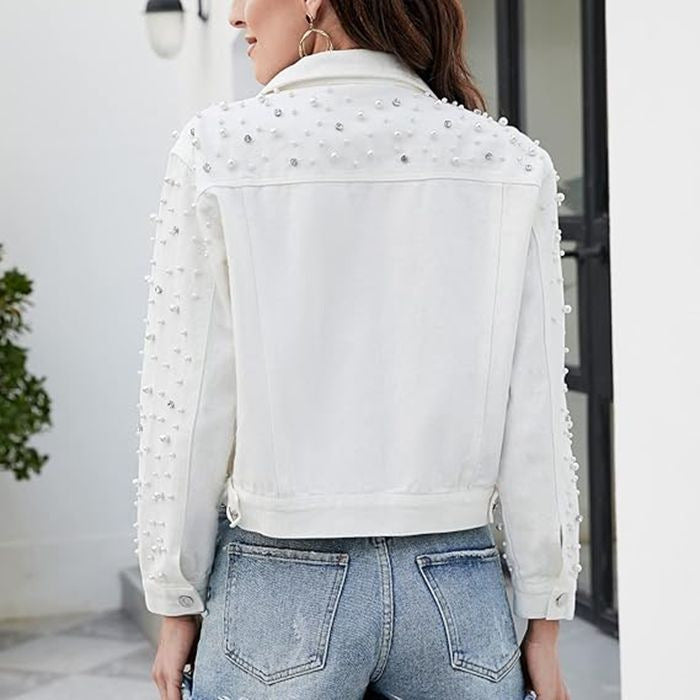 Cross-Border Amazon ebay European and American Style Pearl Denim Jacket Short Rhinestone Denim Jacket Coat Top