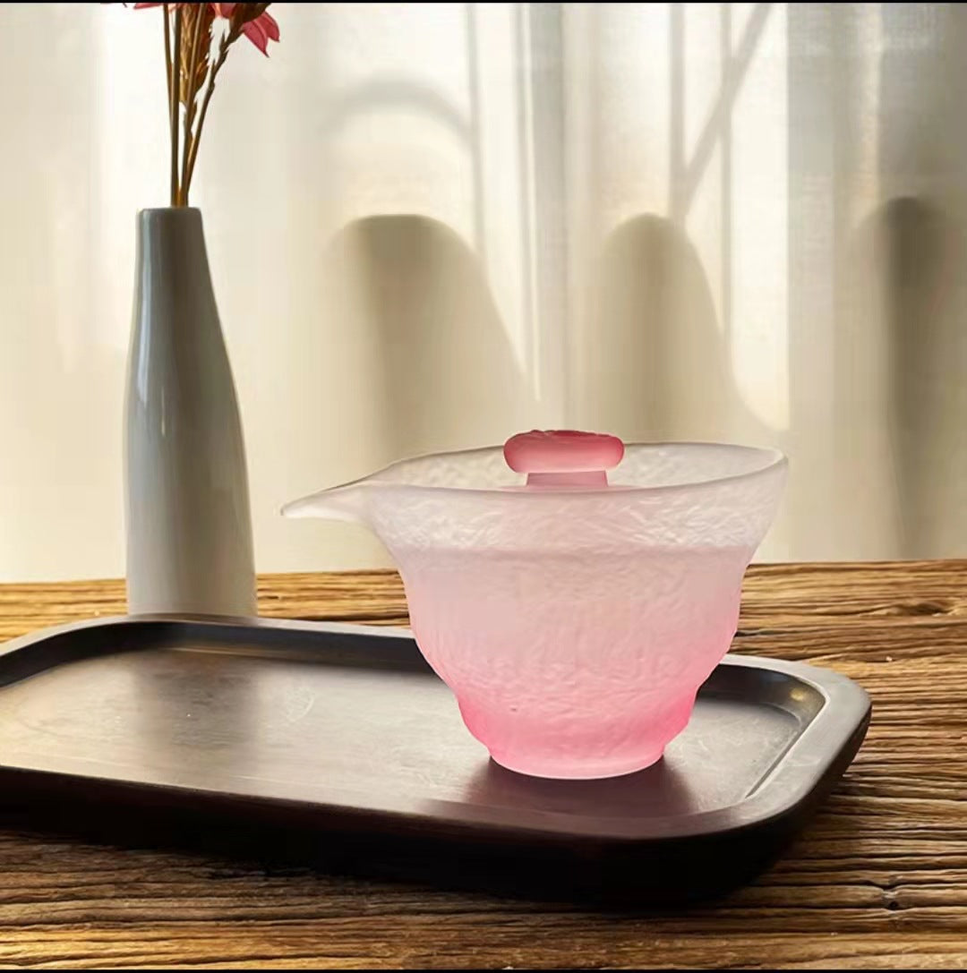 2024National Trend Pink Women's Frosted Glass Tea Set with Gaiwan, Gongdao Cup, Tea Cup, and Tasting Cup Complete Set