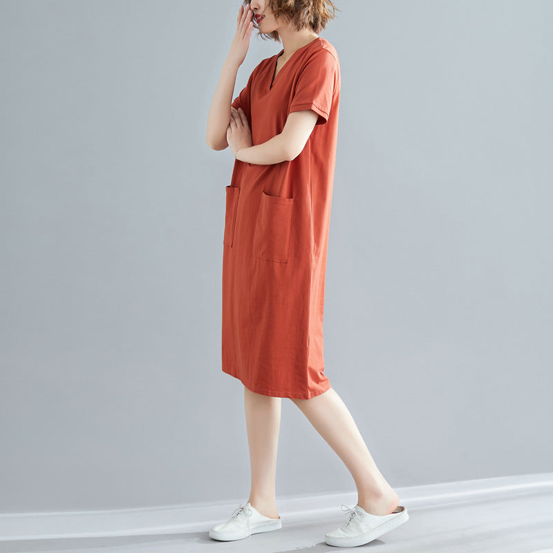 Plus Size Women's Summer Loose Korean Style Mid-Length Dress T Shirt and Skirt for Plus Size mm Solid Color V Collared Slimming Short Sleeve Dress