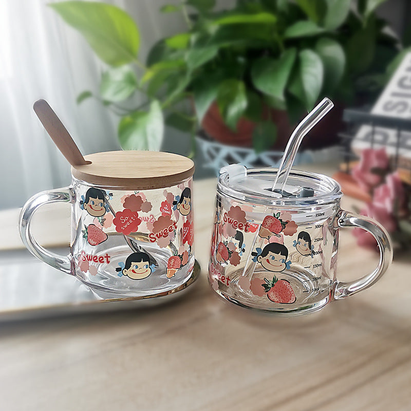 ins Glass Cup with Straw Milk Breakfast Cup Cute Cartoon Graduated Cup with Lid Spoon Gift Customization logo