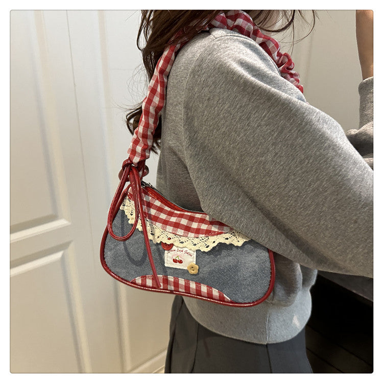 Super Popular Crossbody Bag for Women2025New Plaid Fabric Bag Wrinkled Color-Block Shoulder Bag Popular Commuter Small Square Bag