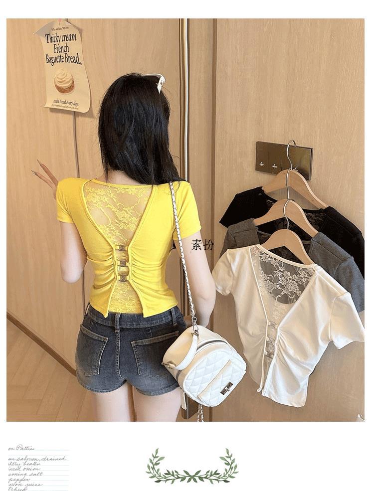 White u Pure Desire Slim Fit Tight Shoulder Short Sleeve t Women's Summer Shirt with Chest Pads Lace Hollow Out Hot Girl Short Top Black