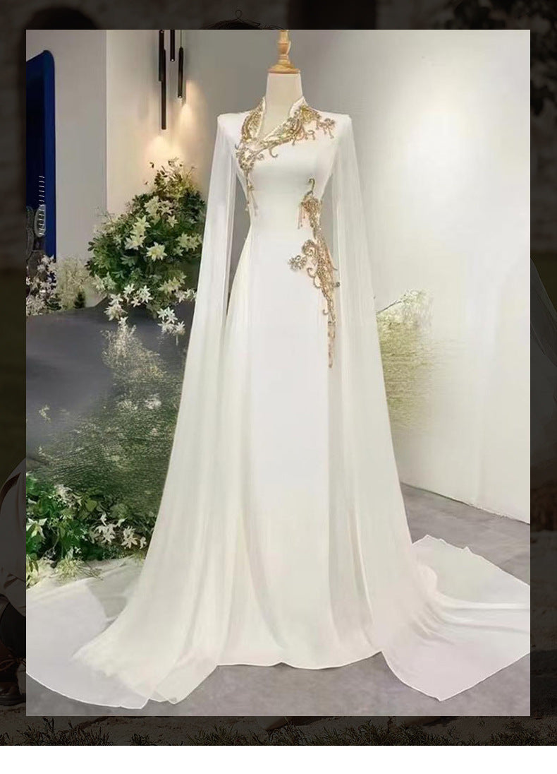 White evening dress with a high-end feel2025New Model Music Student Art Exam Vocal Performance Female Singer Folk Song Solo Performance Elegant