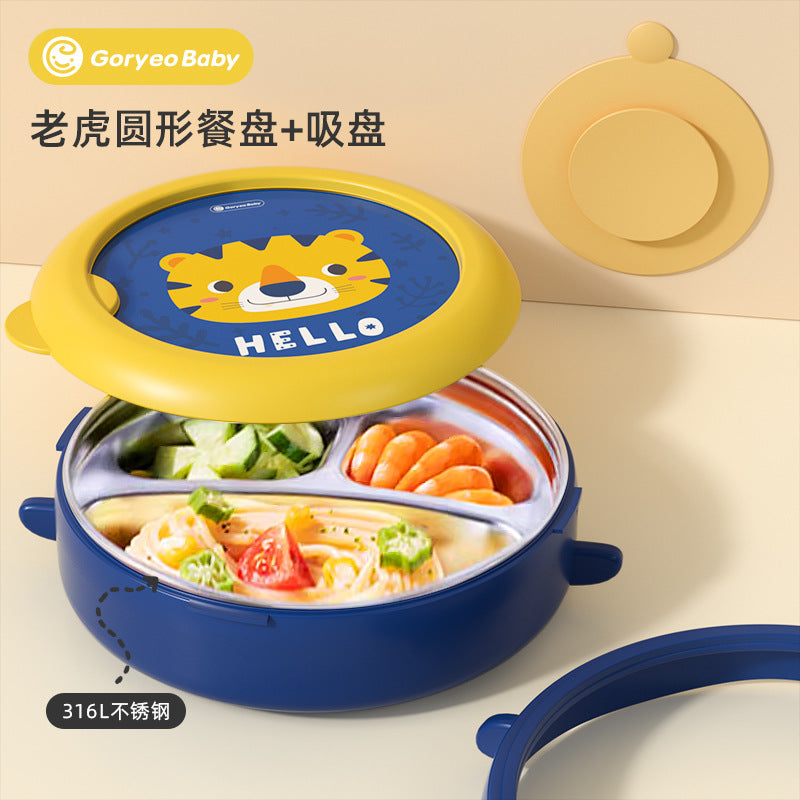 goryeobaby Children's Stainless Steel Plate Baby Suction Bowl Water-Insulated Bowl Baby Divided Plate Baby Food Utensils