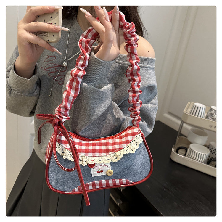 Super Popular Crossbody Bag for Women2025New Plaid Fabric Bag Wrinkled Color-Block Shoulder Bag Popular Commuter Small Square Bag
