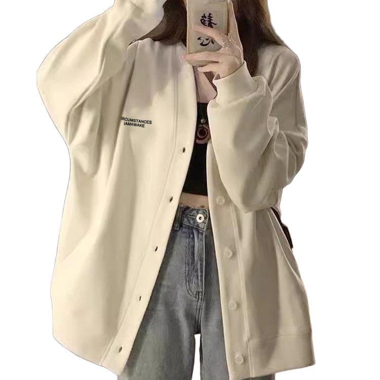 Cardigan Sweatshirt Jacket Women Baseball Jacket Loose Versatile Embroidery V Lazy Style Couple's Collared Top