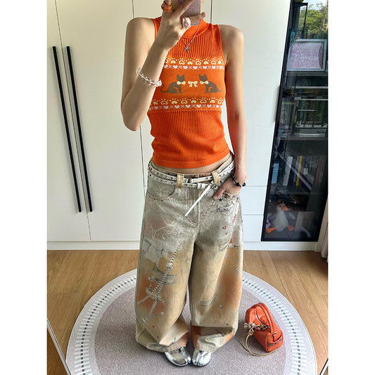 Colorful Inkjet Heavy Pattern Printed Jeans for Women, Unique Design, Loose Straight Wide-Leg Floor-Length Pants