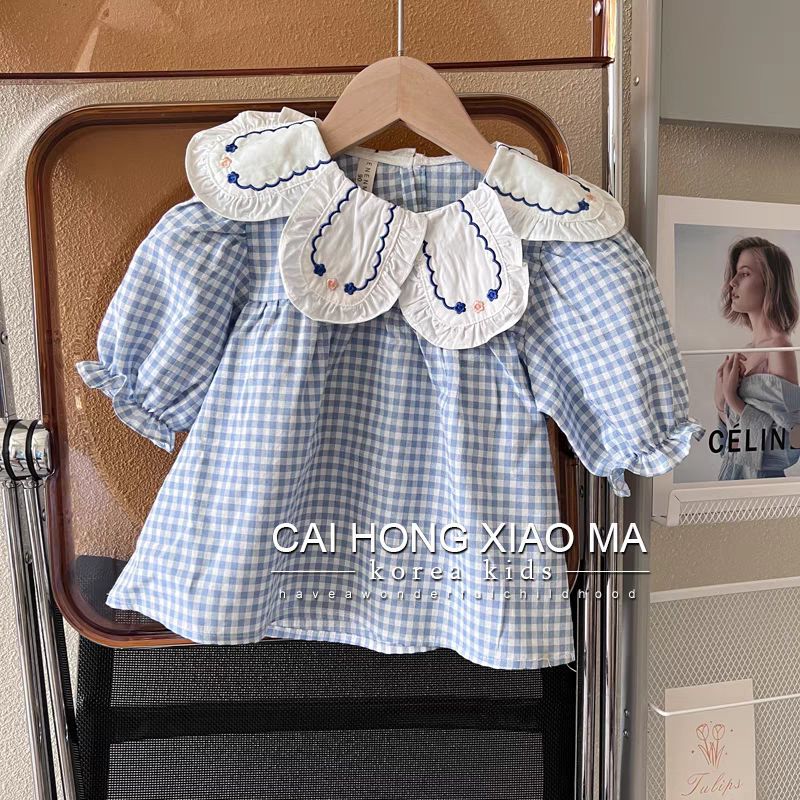 2025Autumn Children's Clothing Girls' Puff Sleeve Shirt Stylish Blue Plaid Baby Doll Long Sleeve Top