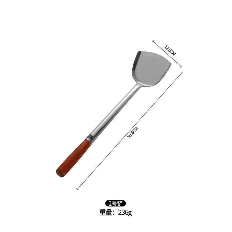 Stainless Steel Stir-Fry Spoon Chef's Stirring Spoon Long Handle Soup Spoon Serving Spoon Stir-Fry Spoon Kitchen Spatula Wooden Handle Pot Spatula Spoon