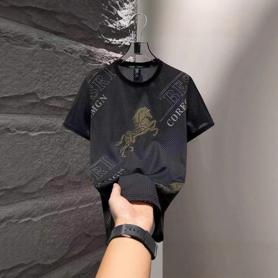 Foreign Trade Ice Silk Short Sleeve t Men's Summer Trendy Brand Short Sleeve T-Shirt2025New casual quick-dry men's top