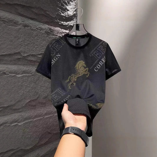 Foreign Trade Ice Silk Short Sleeve t Men's Summer Trendy Brand Short Sleeve T-Shirt2025New casual quick-dry men's top