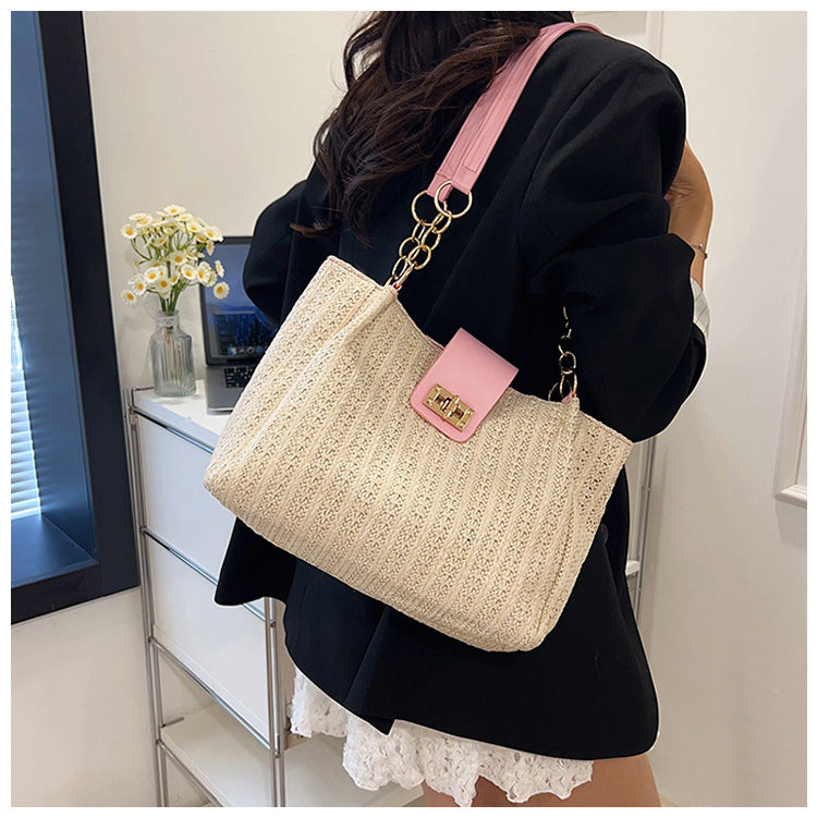 2025Women's Spring New Small Chanel Style Bag for Work Commute Versatile Straw Woven Large Capacity Wide Shoulder Strap Women's Single Shoulder Bag