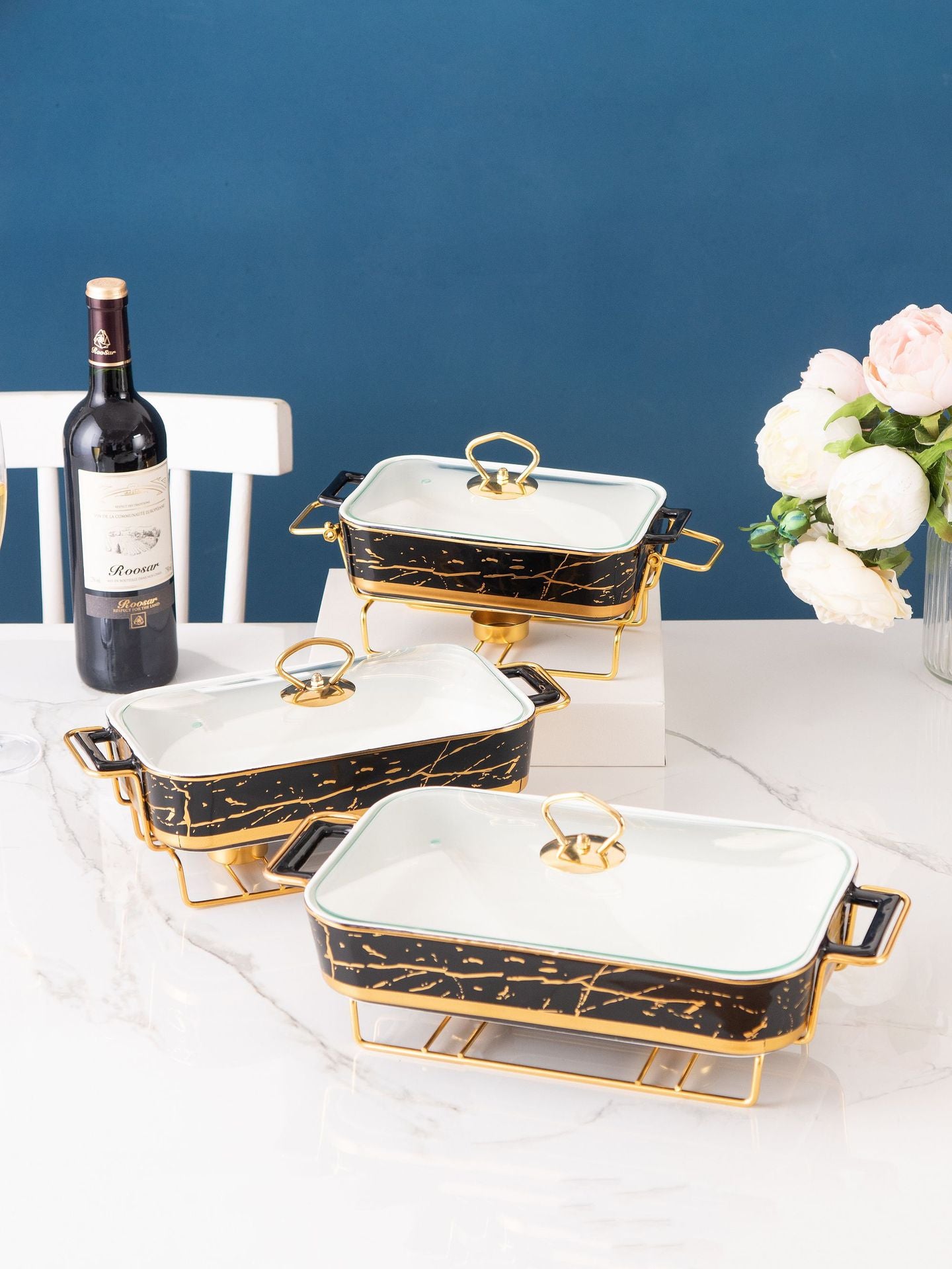 Nordic Rectangular Double Ear Ceramic Pot Baking Pan Luxury Hotel Tableware Candle Heating Creative Household Dry Pot Soup Pot