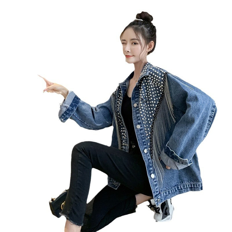 European and American New Style Tassel Heavy Embellished Rhinestone Rivet Long Sleeve Korean Version Loose Slimming Fashion Beaded Denim Jacket for Women