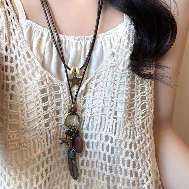 Vintage Distressed Starfish Metal Pendant Necklace Bohemian Ethnic Style Choker Collarbone Chain Vacation Style Necklace for Women
