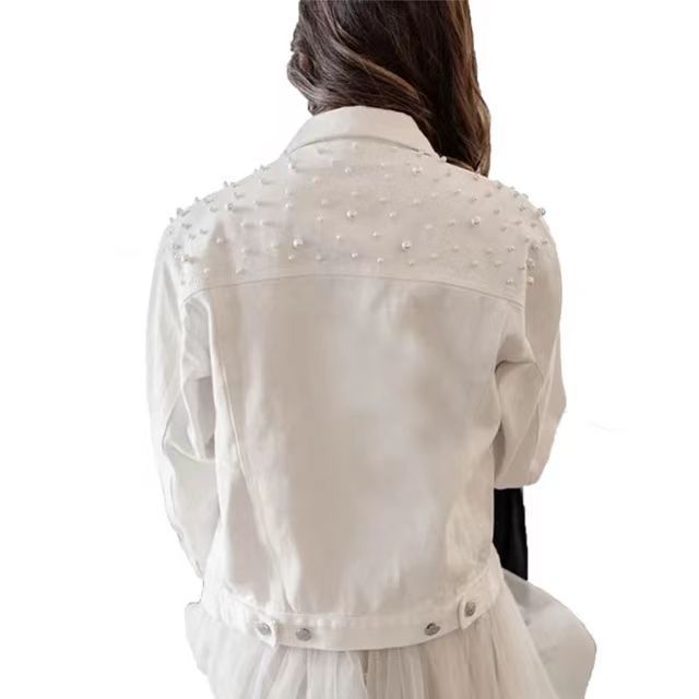 Amazon Cross-Border Southeast Asia Heavy Fashion Beaded Short Denim Jacket for Women Pearl Plus Size Jacket ns Top
