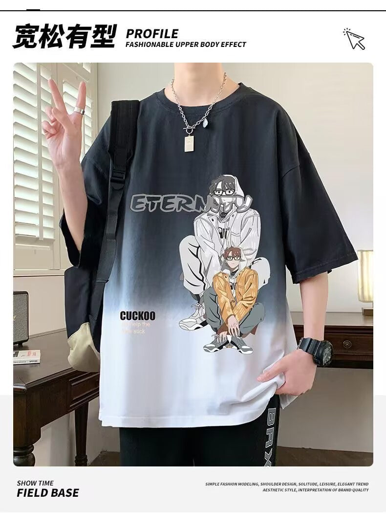 2025Summer New Men's Youth Casual Stylish Trendy Loose Short Sleeve T Shirt Gradient Color for Middle and High School Students