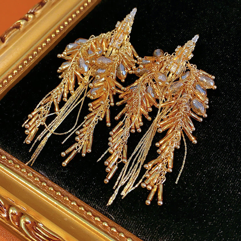 Silver Needle Inlaid Diamond Glass Tassel Earrings Fashion European and American Exaggerated Heavy Craft Stud Earrings Light Luxury High-end Niche Earrings for Women
