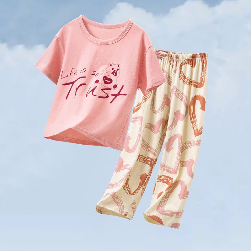 Parent-Child Cotton Homewear Summer Style Children's Short Sleeve Long Pants Set Cartoon Air Conditioning Clothing Sweat-Absorbing Printed Pajamas Couple Outfit