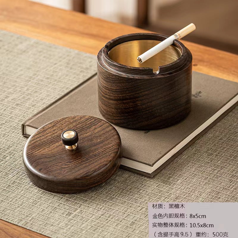 Walnut Ashtray for Home Living Room with Lid, Anti-Fly Ash, Stainless Steel Inner Liner, Creative Office Quality Ashtray