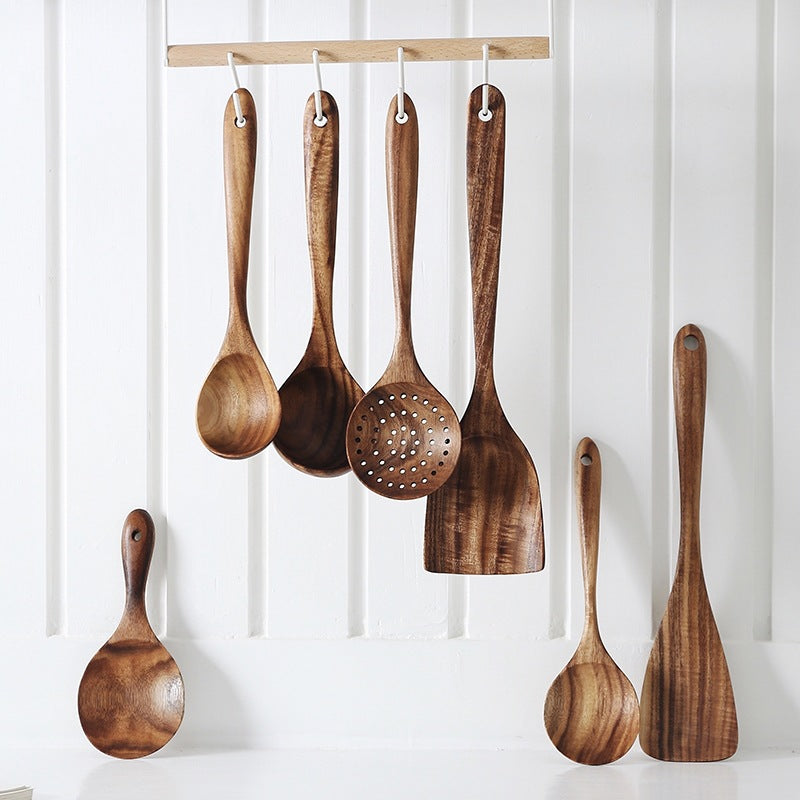 Acacia Wood Spatula Teak Wood Spatula and Spoon Set Solid Wood Household Cooking Spoon Strainer Spoon Small Leaf Three-Line Frying Spatula In Stock