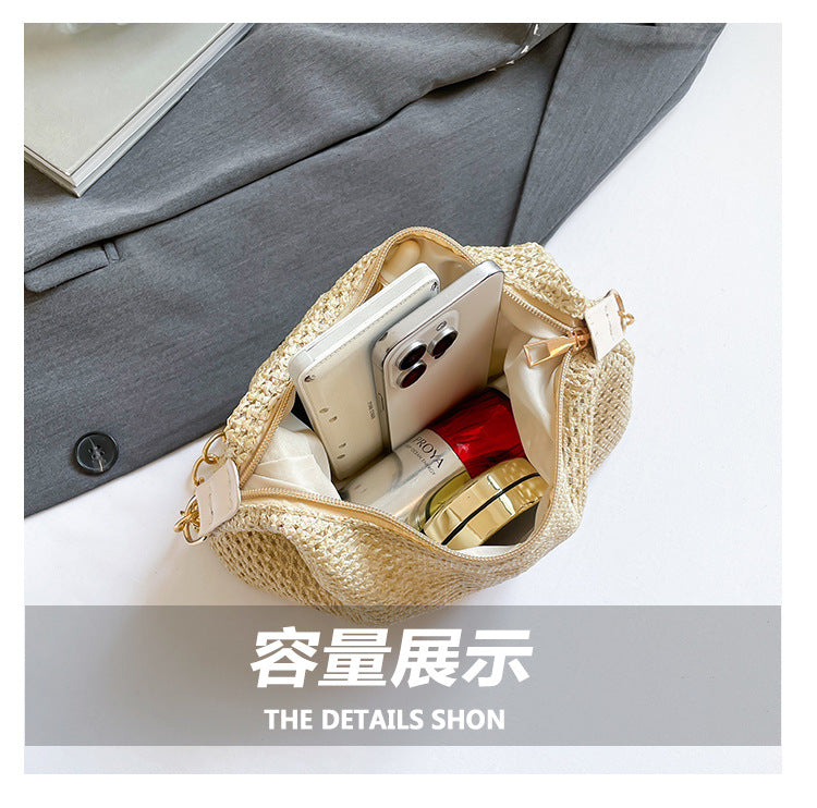 South Korea ins Vintage Woven Tote Bag Straw Bag Large Capacity Underarm Bag Shoulder Bag Vacation Style Beach Bag for Women