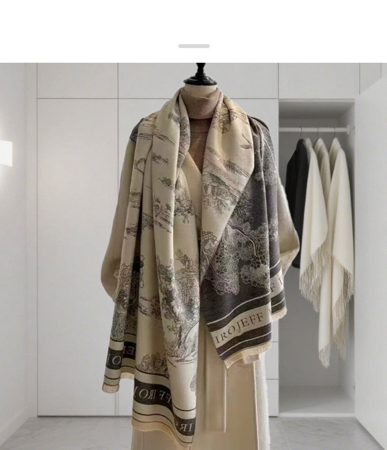 Light Luxury Style Imitation Cashmere Jacquard Shawl for Women Winter Warm Double-Sided Printed Landscape Scarf Outerwear Layering Neck Warmer