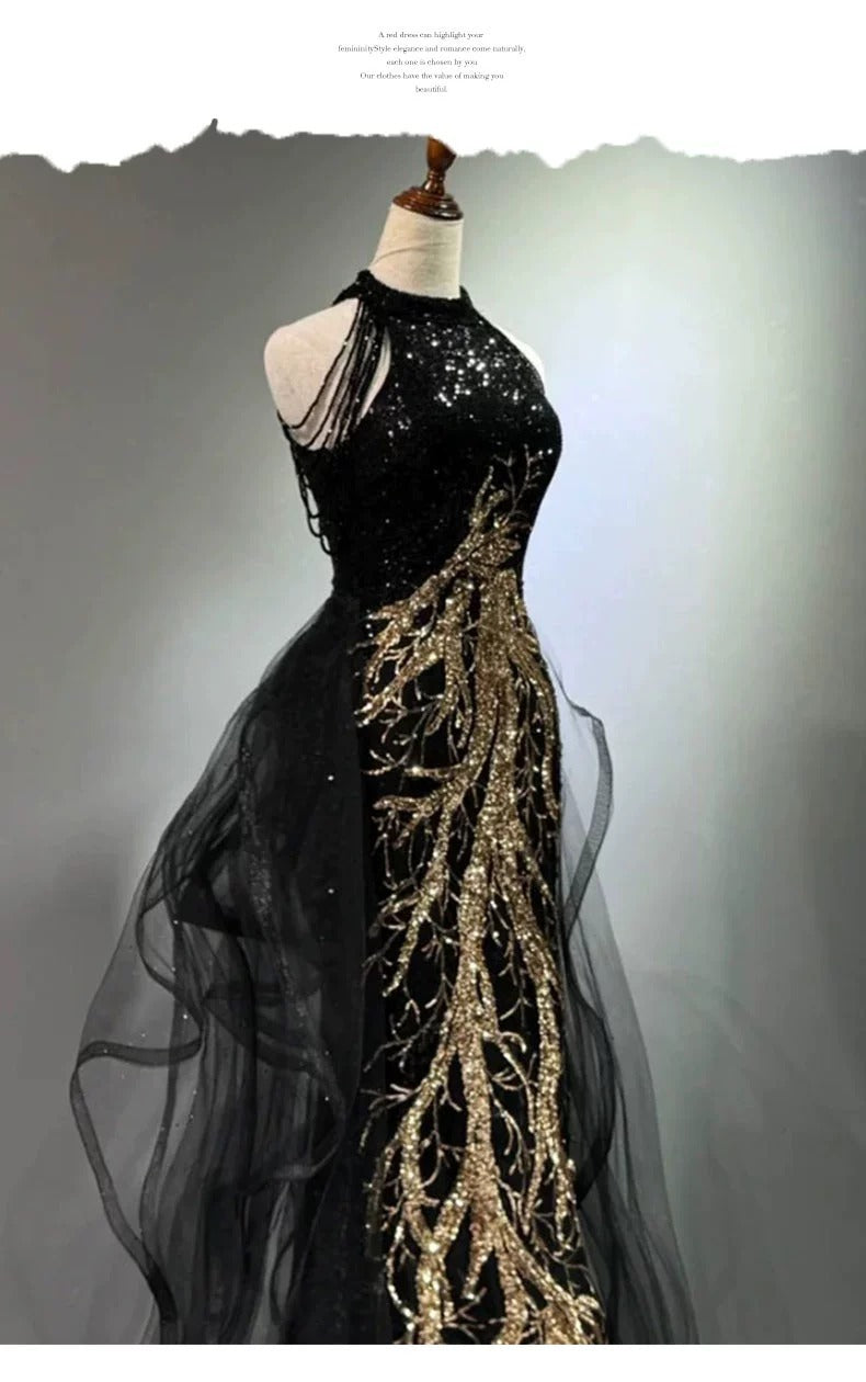 New Evening Dress Black High-End Slim Fit Elegant Socialite Host Halter Neck Mermaid Dress Wedding Toast Dress