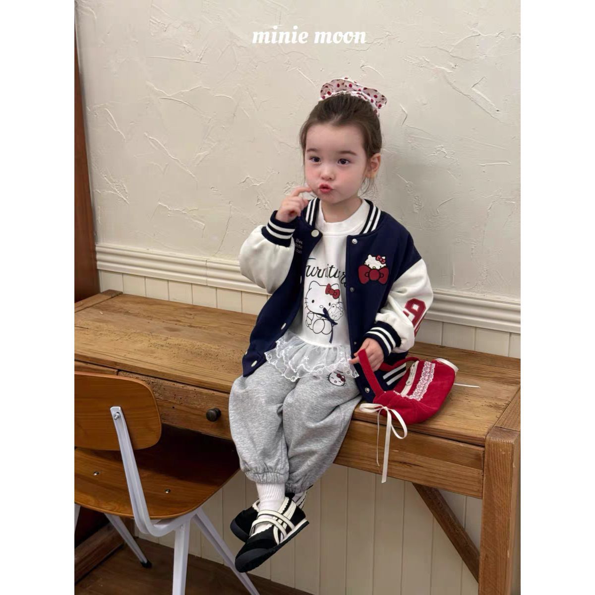 Sweet Little Chef Children's Clothing2025Autumn New Cute Girls' Toddler Outfit KT Cat Color Block Baseball Jacket Cartoon Sweatshirt Trendy