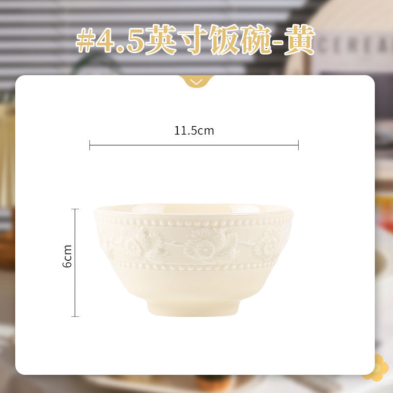 French Style Tableware Bowl and Plate Set for Home Use, High Aesthetic Value for Girls, Cute Ceramic Bowl Set, New Embossed Tableware