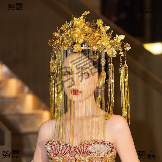Bridal Hair Accessories Set Tiara Versatile Qing Dynasty Style Xiuhe Costume Crown Veil Hair Accessories Makeup Gold